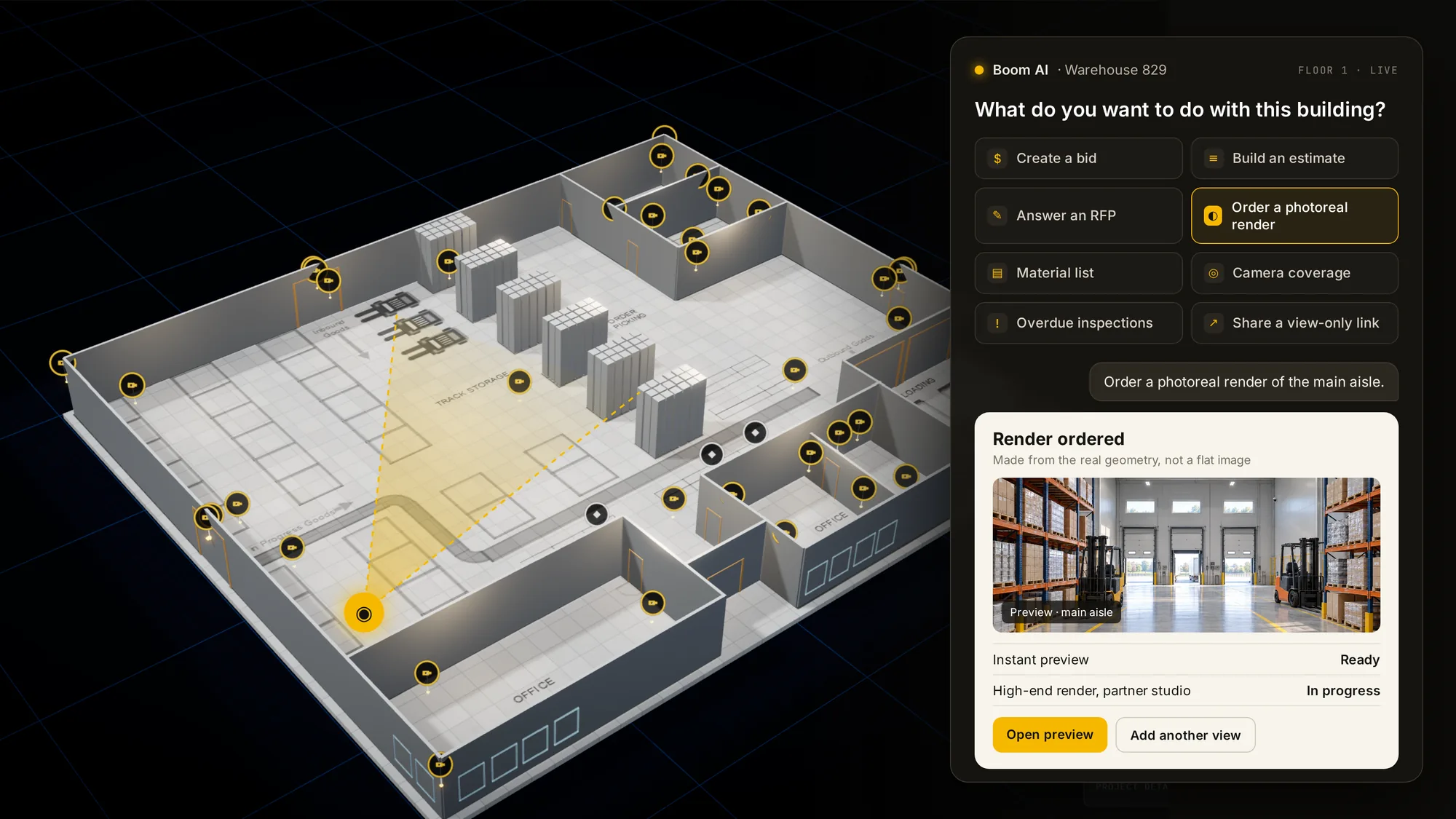 Boom AI over a 3D warehouse map: a photoreal render of the main aisle, made from the real geometry