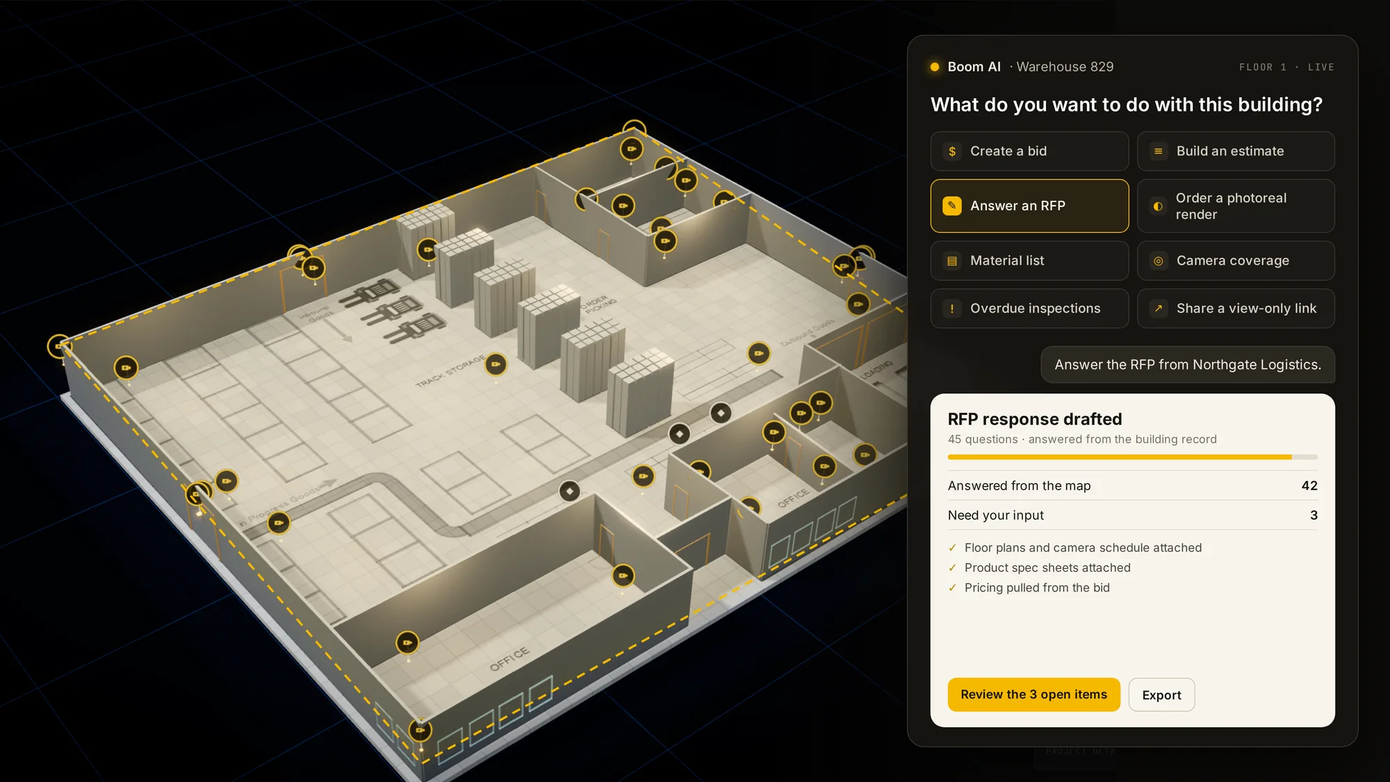 Boom AI over a 3D warehouse map: an RFP response drafted, 42 of 45 questions answered from the map